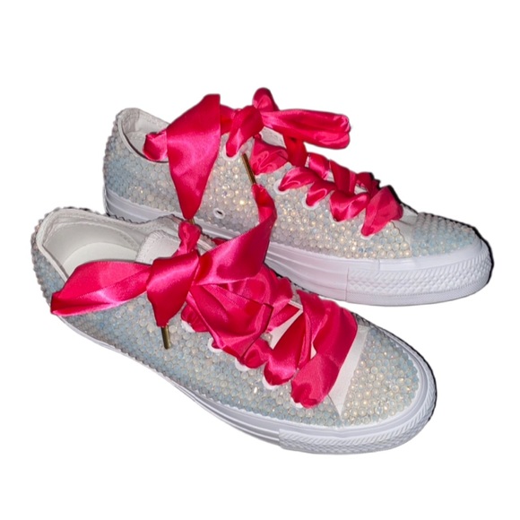 White Opal Crystal Low Top Converse Sizes 5-14 New In Box With Ribbon Laces - Picture 2 of 13
